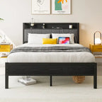 Black Full Size Bed Frame with Storage Headboard & Charging Station, 1-Person