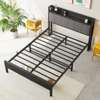 Black Full Size Bed Frame with Storage Headboard & Charging Station, 1-Person