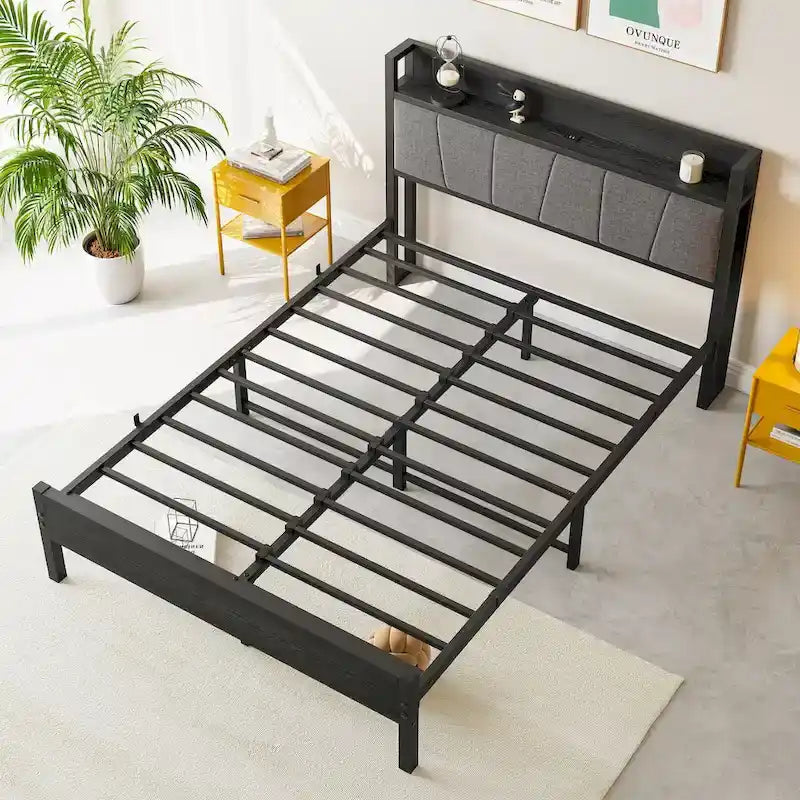 Black Full Size Bed Frame with Storage Headboard & Charging Station, 1-Person