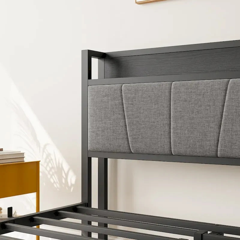 Black Full Size Bed Frame with Storage Headboard & Charging Station, 1-Person
