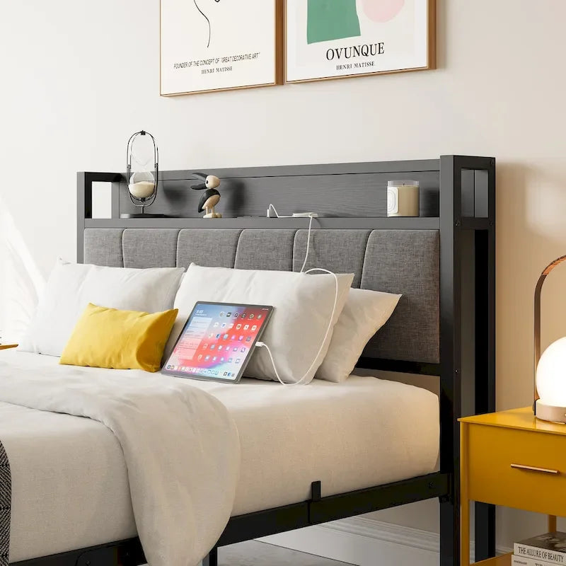 Black Full Size Bed Frame with Storage Headboard & Charging Station, 1-Person