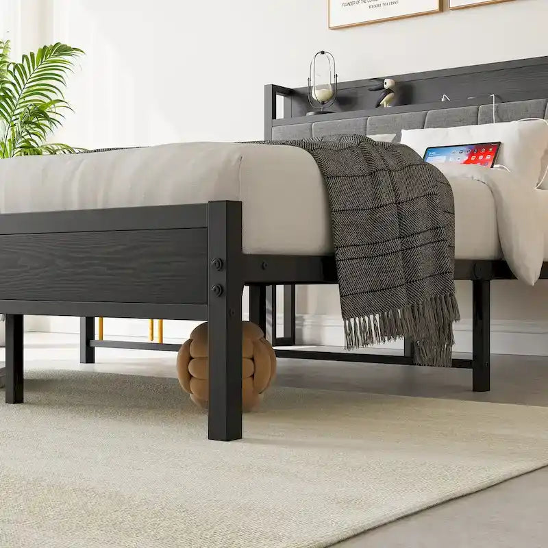 Black Full Size Bed Frame with Storage Headboard & Charging Station, 1-Person