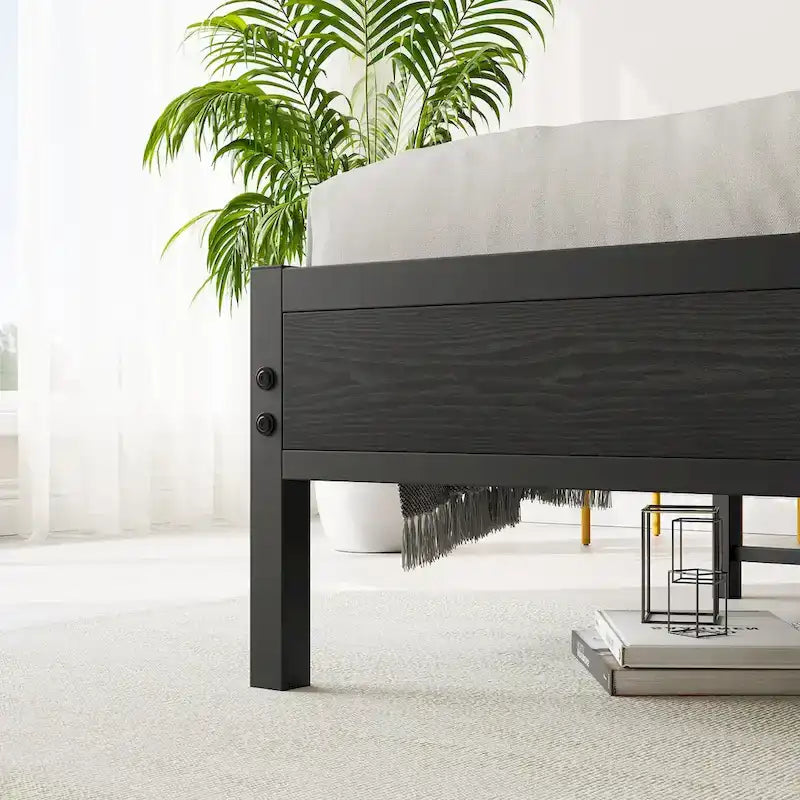 Black Full Size Bed Frame with Storage Headboard & Charging Station, 1-Person