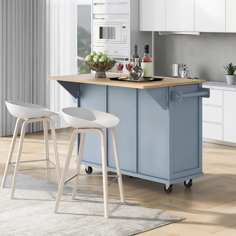 Carro de isla de cocina con ruedas y encimera abatible | Blanco / Azul / Negro