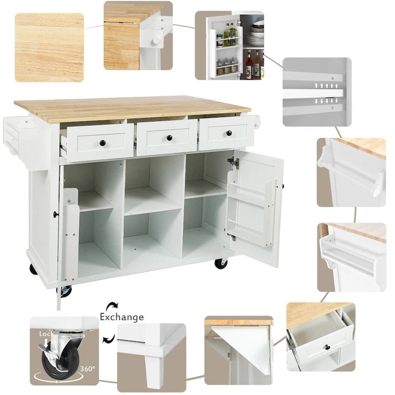 Rolling Kitchen Island Cart with Drop-Leaf | White / Blue / Black