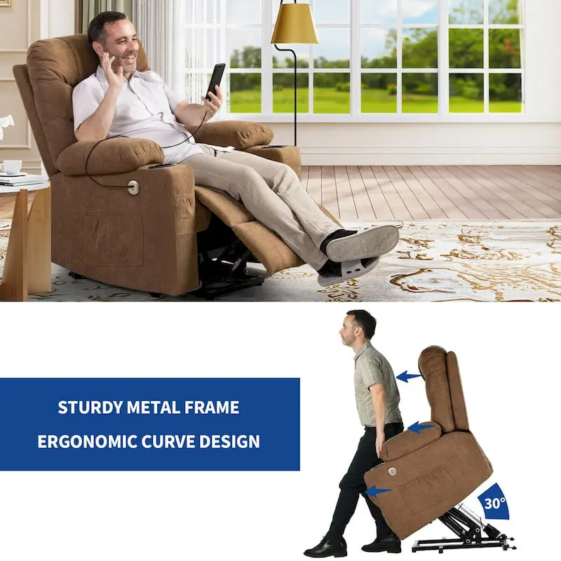 Grey / Brown Power Lift Massage Recliner Chair, Single Seat
