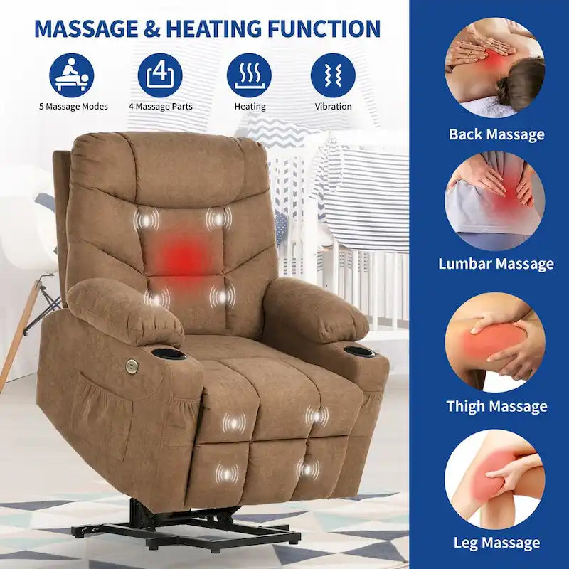 Grey / Brown Power Lift Massage Recliner Chair, Single Seat