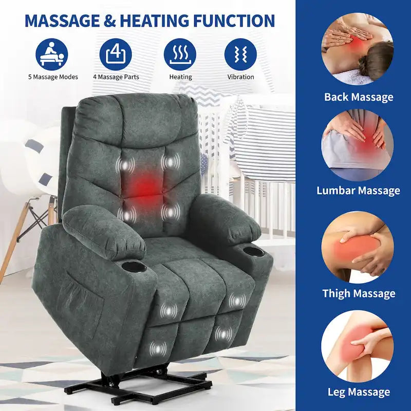 Grey / Brown Power Lift Massage Recliner Chair, Single Seat