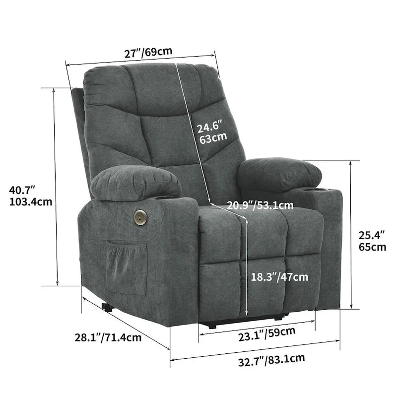 Grey / Brown Power Lift Massage Recliner Chair, Single Seat