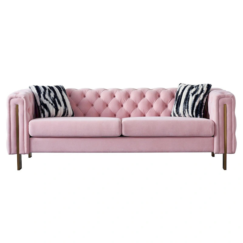 Cream / Blue / Pink / Green / Black Velvet Tufted 3-Seater Sofa – Golden Legs