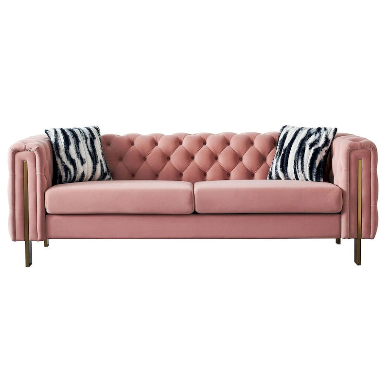 Cream / Blue / Pink / Green / Black Velvet Tufted 3-Seater Sofa – Golden Legs