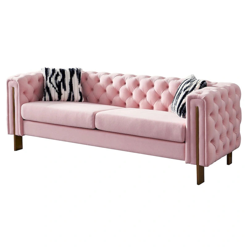 Cream / Blue / Pink / Green / Black Velvet Tufted 3-Seater Sofa – Golden Legs