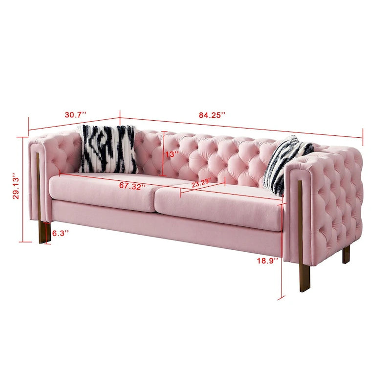 Cream / Blue / Pink / Green / Black Velvet Tufted 3-Seater Sofa – Golden Legs