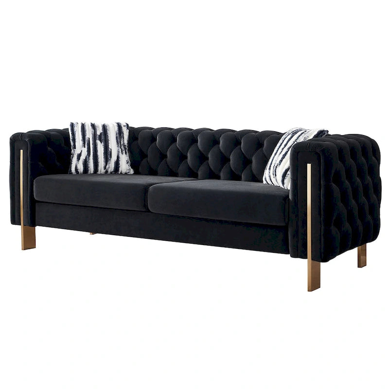 Cream / Blue / Pink / Green / Black Velvet Tufted 3-Seater Sofa – Golden Legs