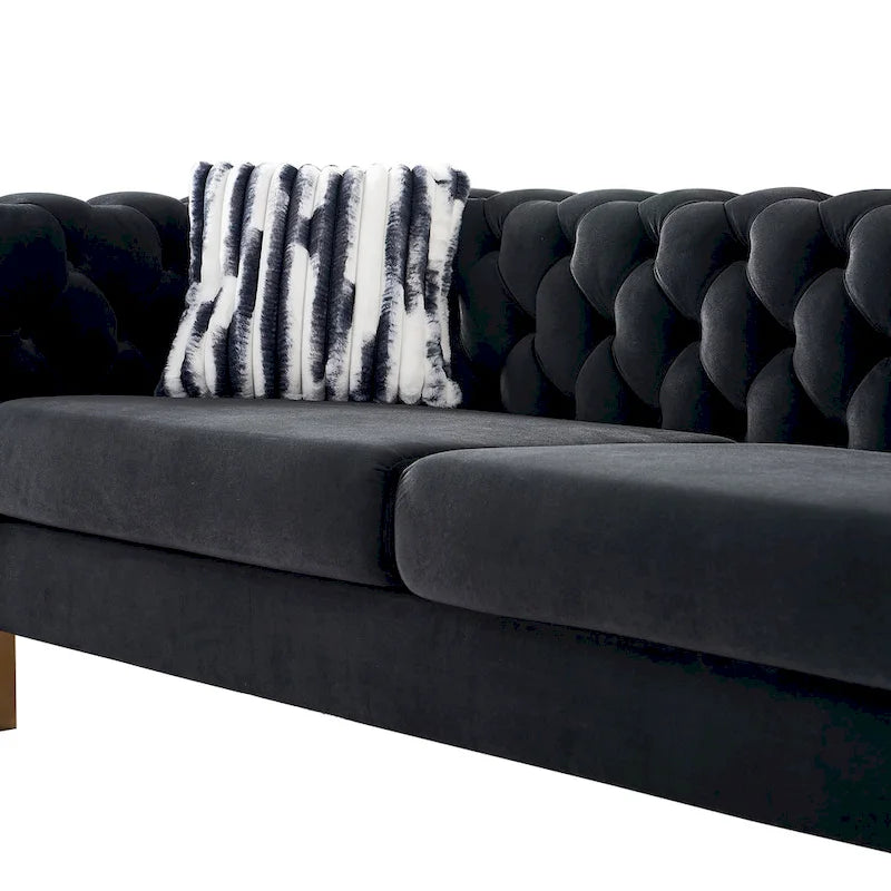Cream / Blue / Pink / Green / Black Velvet Tufted 3-Seater Sofa – Golden Legs