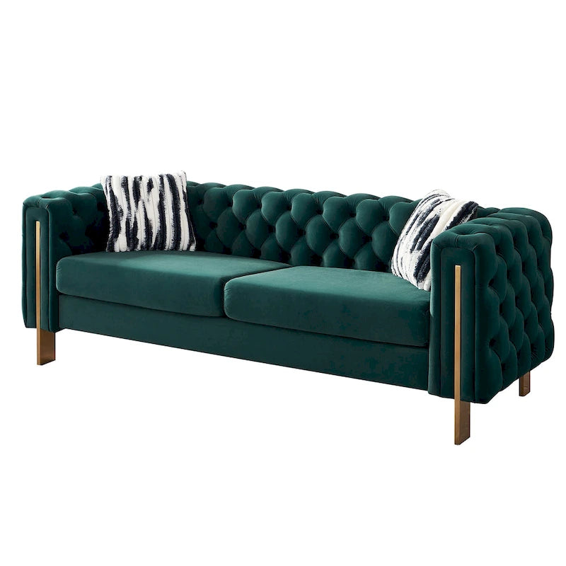 Cream / Blue / Pink / Green / Black Velvet Tufted 3-Seater Sofa – Golden Legs