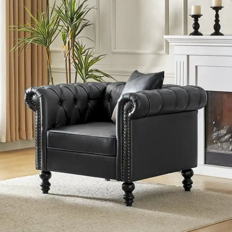 Traditional PU Leather Armchair with Nailhead Trim – 1-Seat, Black / Camel / Navy