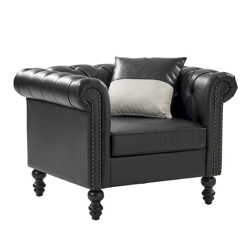 Traditional PU Leather Armchair with Nailhead Trim – 1-Seat, Black / Camel / Navy