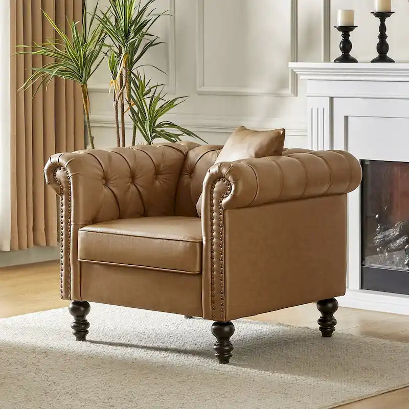 Traditional PU Leather Armchair with Nailhead Trim – 1-Seat, Black / Camel / Navy
