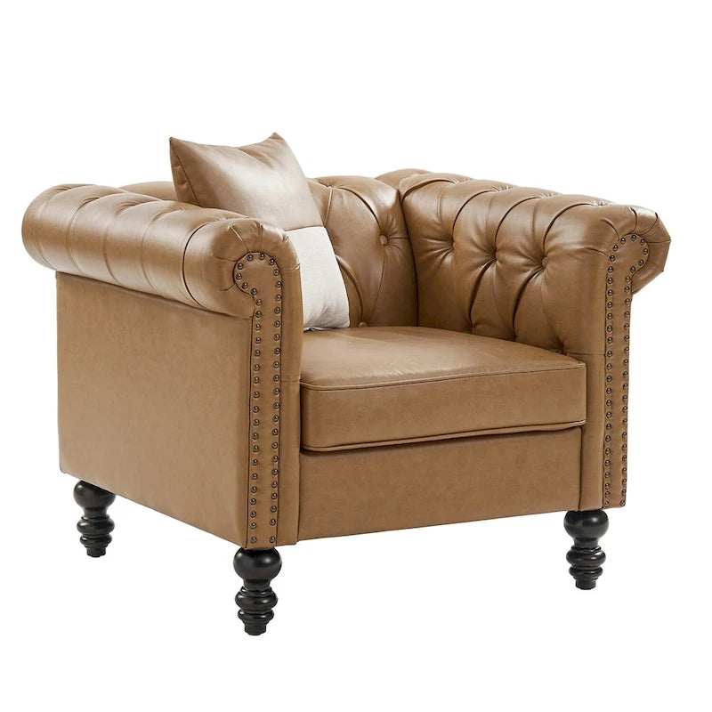 Traditional PU Leather Armchair with Nailhead Trim – 1-Seat, Black / Camel / Navy