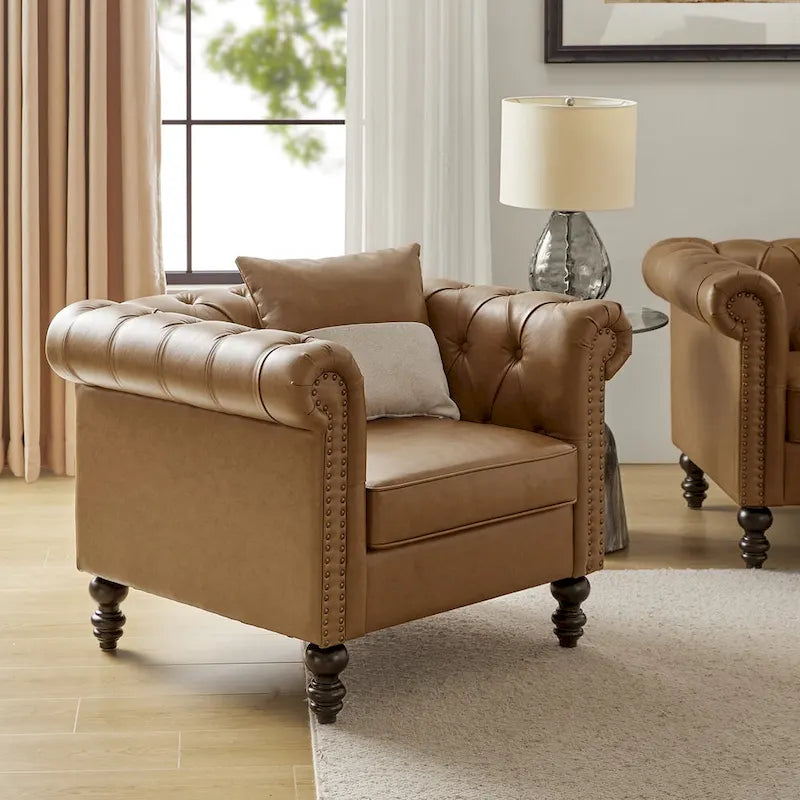 Traditional PU Leather Armchair with Nailhead Trim – 1-Seat, Black / Camel / Navy