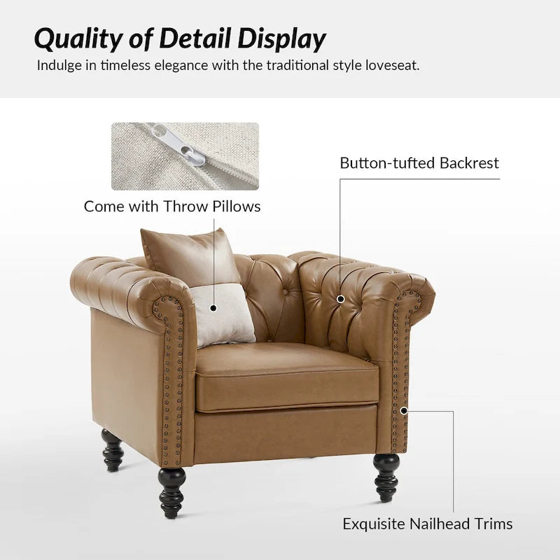 Traditional PU Leather Armchair with Nailhead Trim – 1-Seat, Black / Camel / Navy