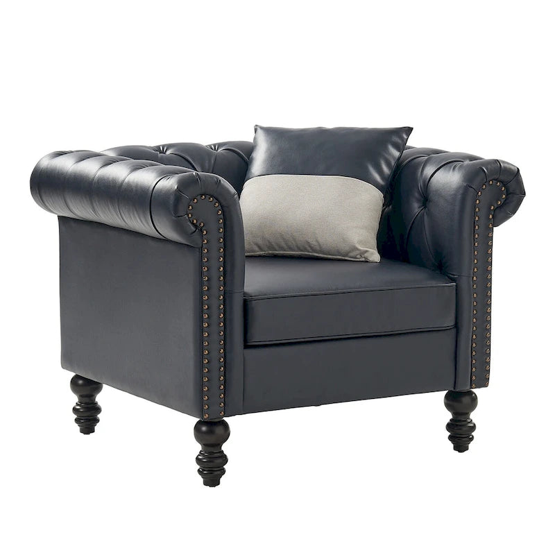Traditional PU Leather Armchair with Nailhead Trim – 1-Seat, Black / Camel / Navy