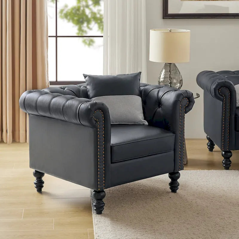 Traditional PU Leather Armchair with Nailhead Trim – 1-Seat, Black / Camel / Navy