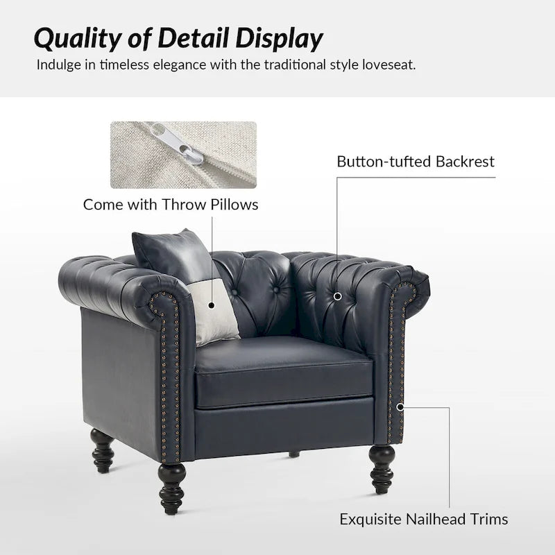 Traditional PU Leather Armchair with Nailhead Trim – 1-Seat, Black / Camel / Navy