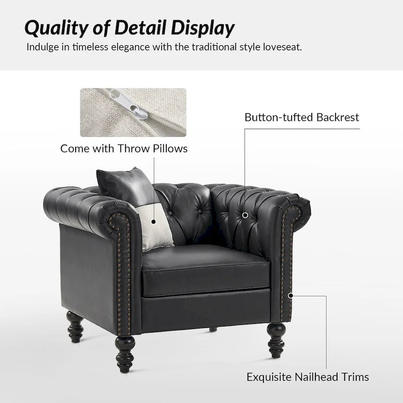 Traditional PU Leather Armchair with Nailhead Trim – 1-Seat, Black / Camel / Navy