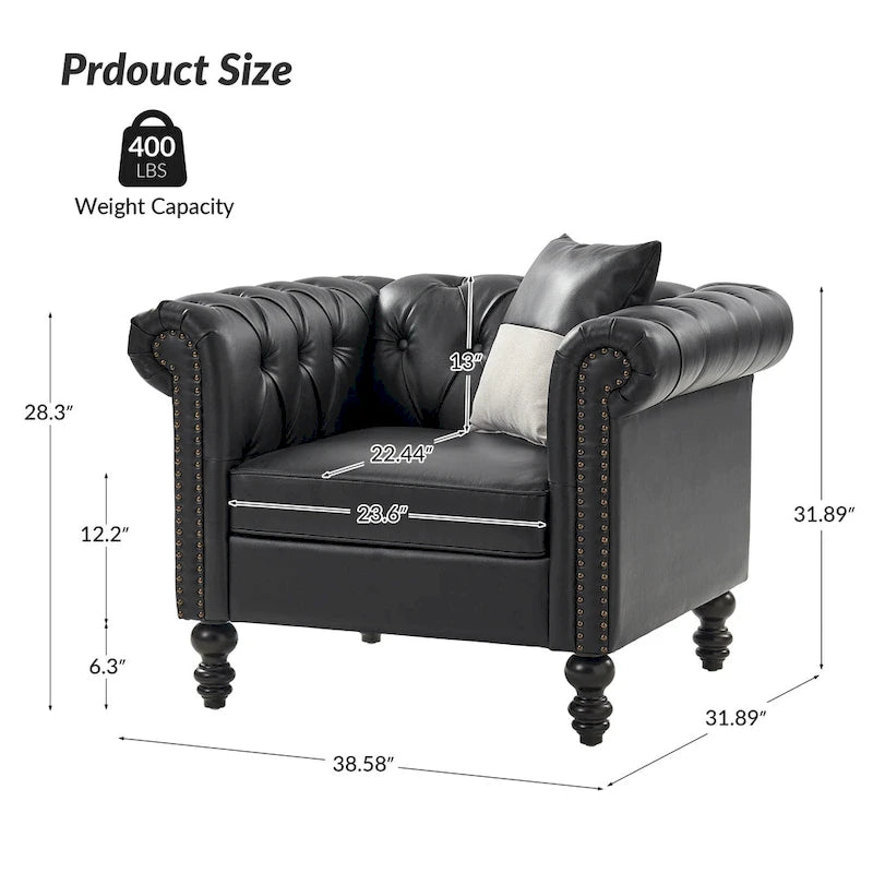 Traditional PU Leather Armchair with Nailhead Trim – 1-Seat, Black / Camel / Navy