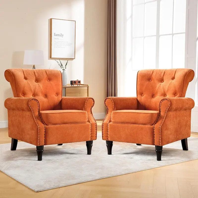 Sillones tapizados con brazo curvado, diseño floral/liso y adornos de tachuelas – Juego de 2