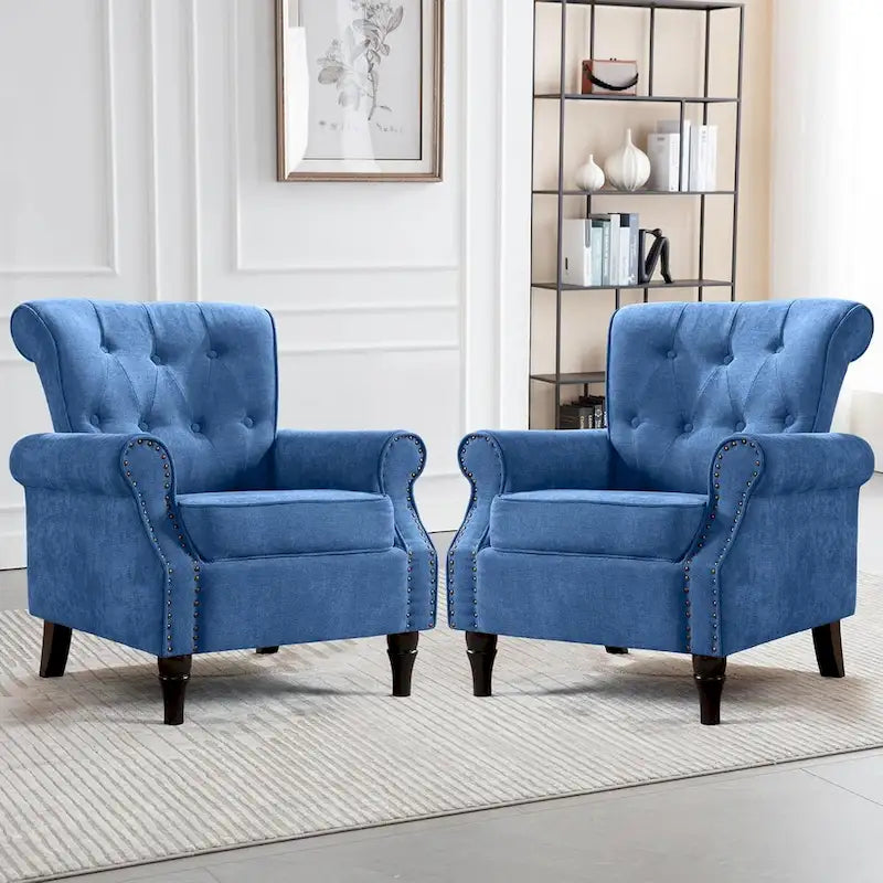 Floral / Solid Upholstered Rolled Armchair with Nailhead Trim – Set of 2