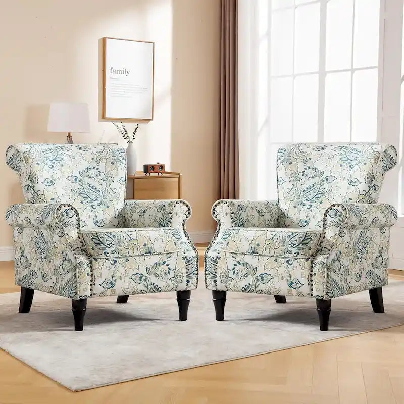 Floral / Solid Upholstered Rolled Armchair with Nailhead Trim – Set of 2