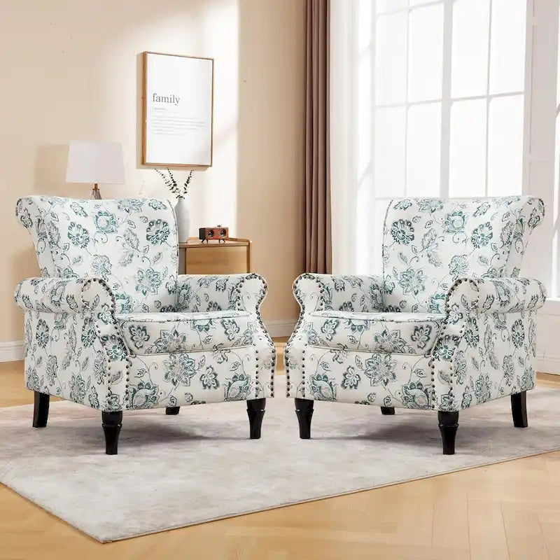 Floral / Solid Upholstered Rolled Armchair with Nailhead Trim – Set of 2