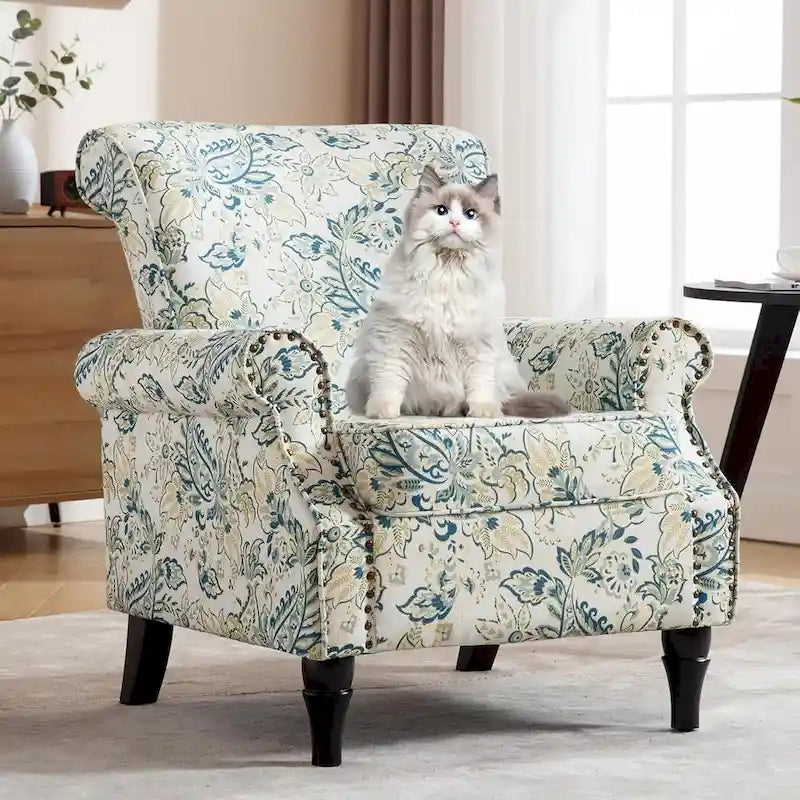 Floral / Solid Upholstered Rolled Armchair with Nailhead Trim – Set of 2