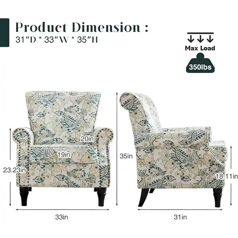 Floral / Solid Upholstered Rolled Armchair with Nailhead Trim – Set of 2