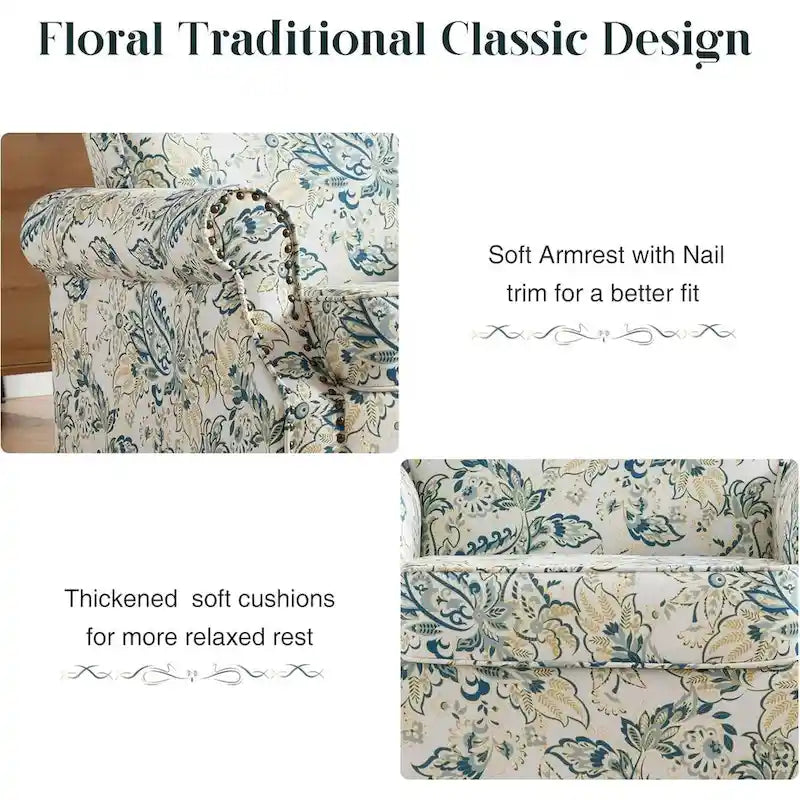 Floral / Solid Upholstered Rolled Armchair with Nailhead Trim – Set of 2