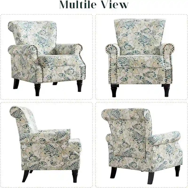 Floral / Solid Upholstered Rolled Armchair with Nailhead Trim – Set of 2