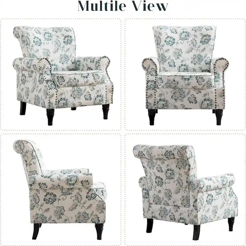 Floral / Solid Upholstered Rolled Armchair with Nailhead Trim – Set of 2