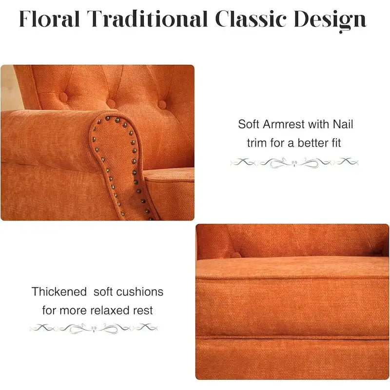 Floral / Solid Upholstered Rolled Armchair with Nailhead Trim – Set of 2