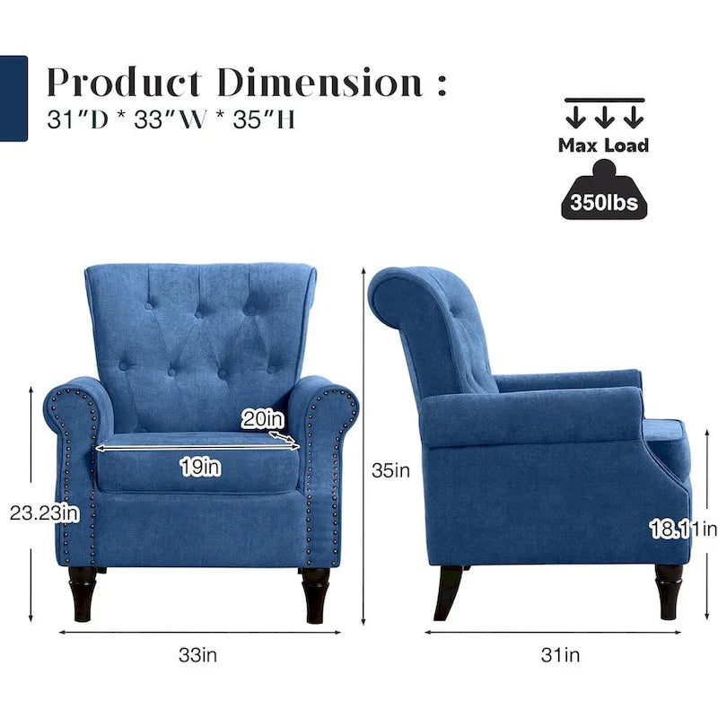 Floral / Solid Upholstered Rolled Armchair with Nailhead Trim – Set of 2