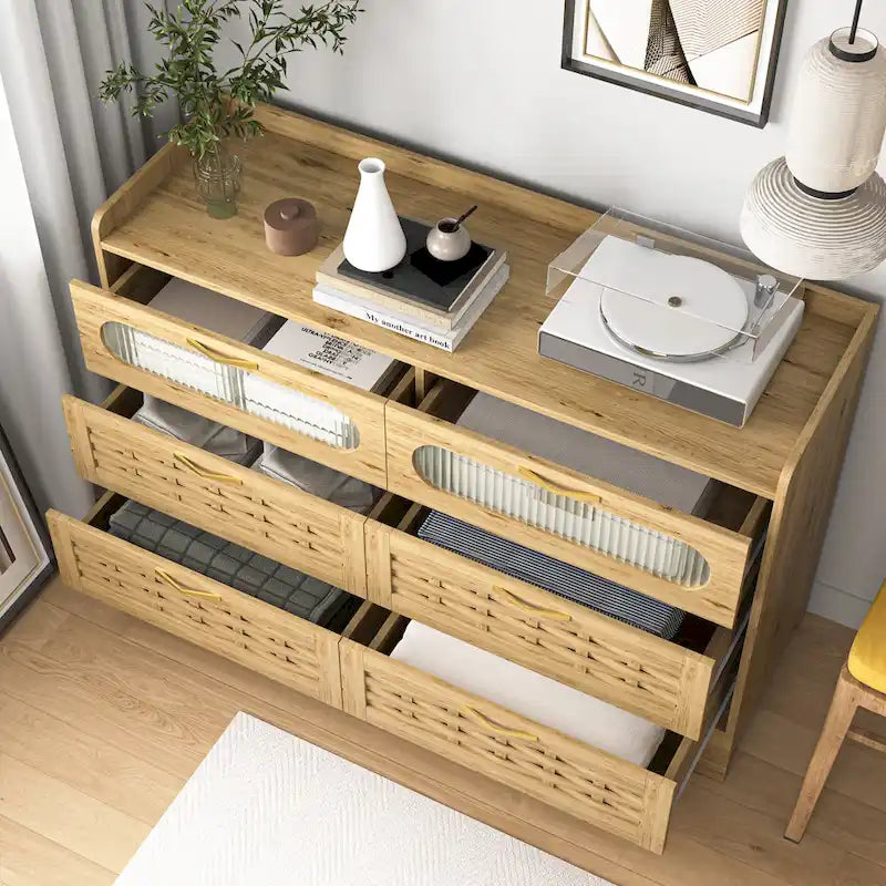 Natural Wood 5-Drawer Dresser with Gold Handles – Brown