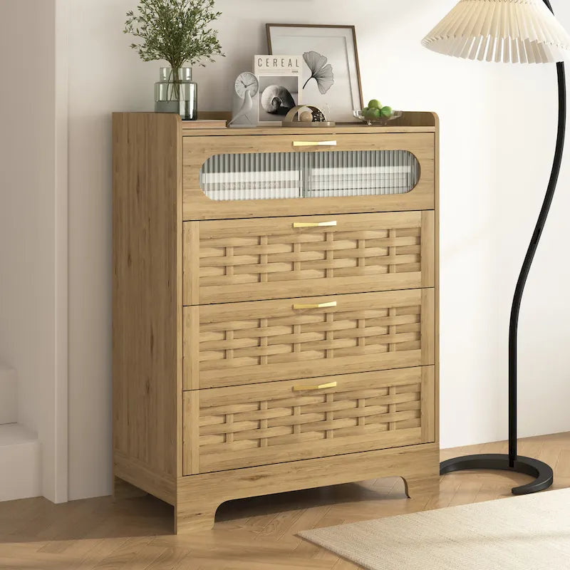 Natural Wood 5-Drawer Dresser with Gold Handles – Brown