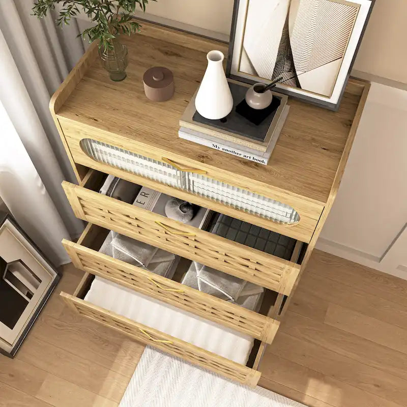 Natural Wood 5-Drawer Dresser with Gold Handles – Brown