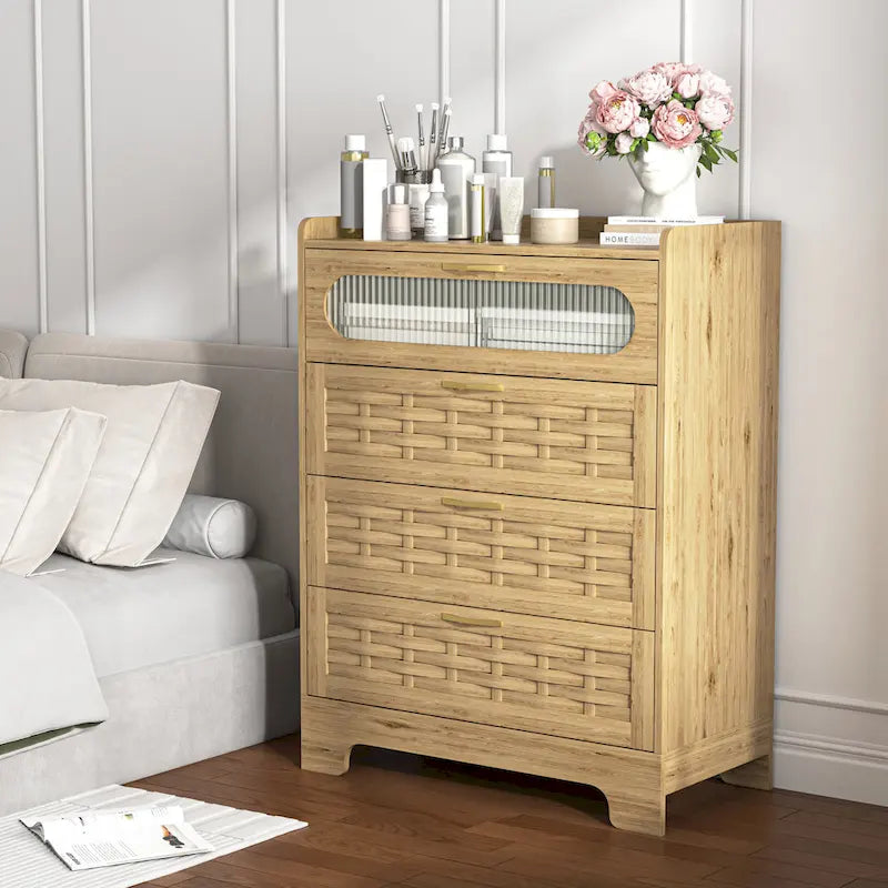 Natural Wood 5-Drawer Dresser with Gold Handles – Brown
