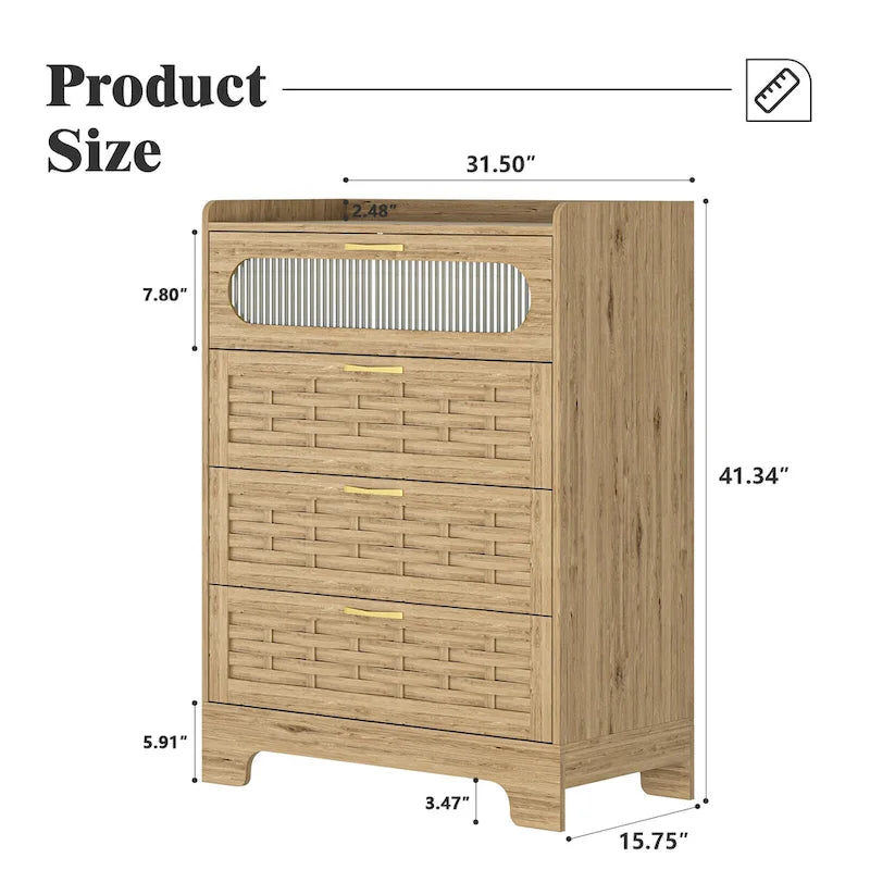 Natural Wood 5-Drawer Dresser with Gold Handles – Brown