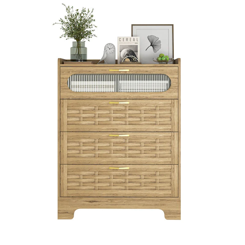 Natural Wood 5-Drawer Dresser with Gold Handles – Brown