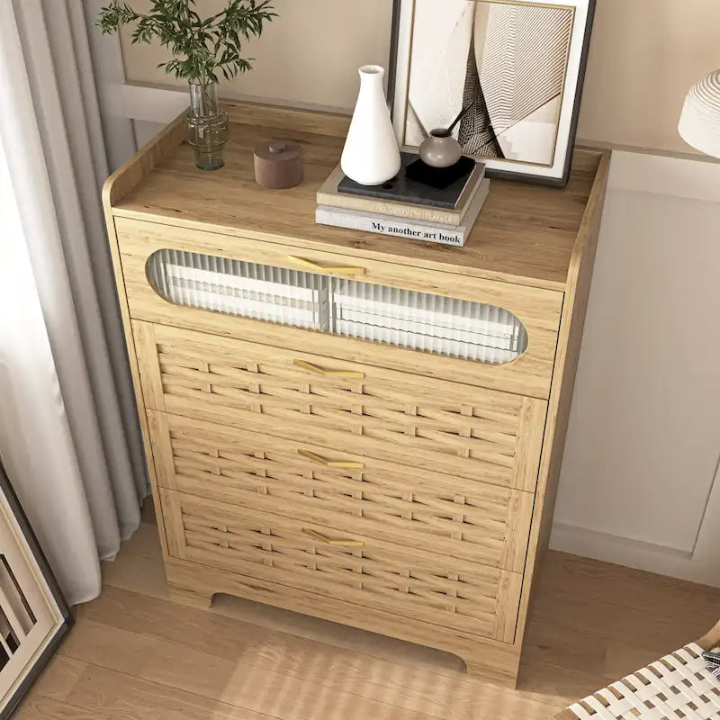 Natural Wood 5-Drawer Dresser with Gold Handles – Brown