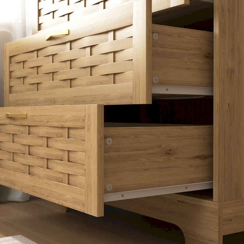 Natural Wood 5-Drawer Dresser with Gold Handles – Brown